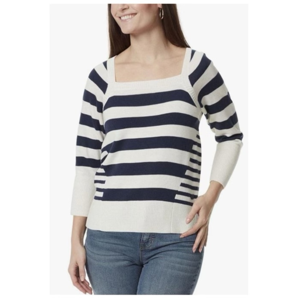 ANNE KLEIN WOMEN’S KOA STRIPED SQUARE NECK PULLOVER SWEATER